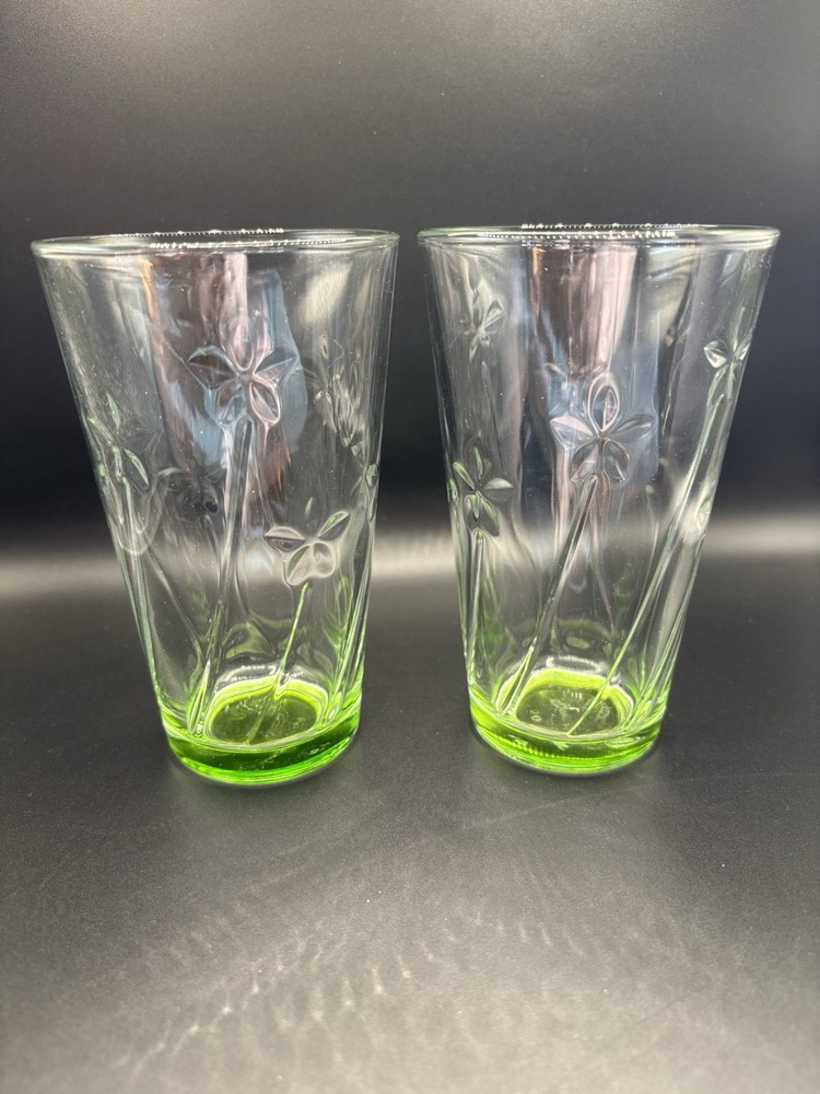 Pair Of Anchor Hocking Tumblers Green Glass With Flower Imprint