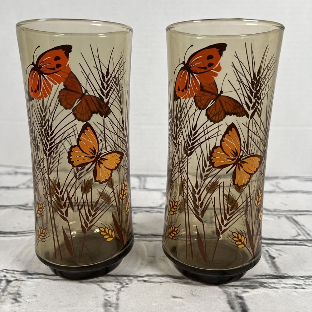 2 Vintage Libbey Amber Monarch Butterfly and Wheat Tumblers Glasses 16oz