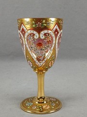 Antique Harrach Bohemian Enamel Floral Hearts Gold Cranberry Clear Wine Glass A