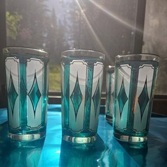 Rare Libbey Mid-Century Emerald Green & 22-Karat Gold Diamond Highball Glasses