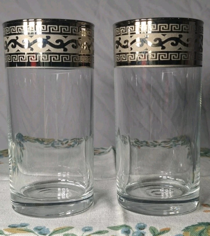 2 RARE Vintage 6.5 in. Italian Highball Glasses With Platinum Greek Key Band.