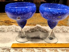 2 Large Hand Blown Blue Margarita Glasses Millefiore Murano Style 20 oz Capacity