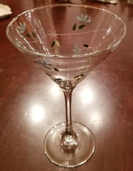 Martini Glass Handpainted Light Blue Flowers , Vines & Leaves 8″ Ectched design