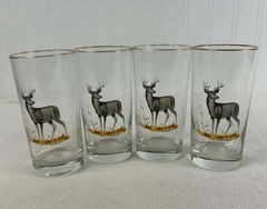 Vintage Jerry Raedeke Whitetail Deer Glass Set of 4 Gold Rim Highball Barware