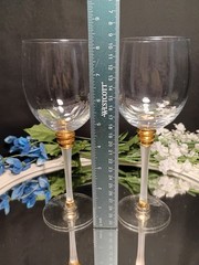 2 White Frost Stem, Triple Gold Lozenge Crystal Wine Glasses Pair Set