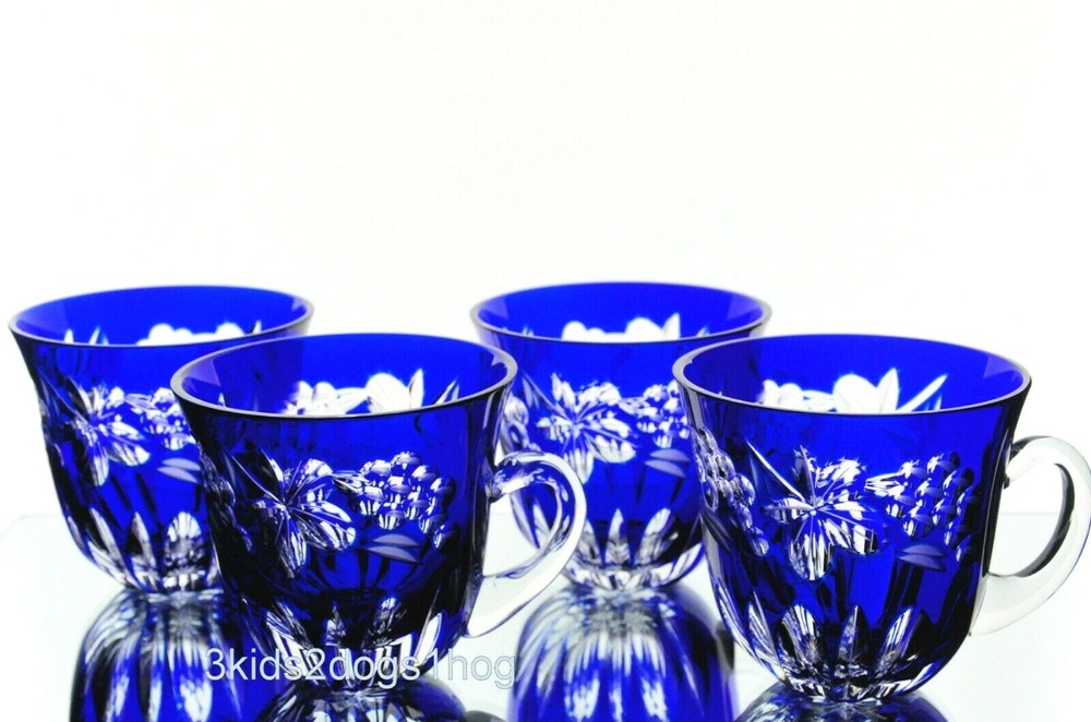 Nachtmann Traube Cobalt Blue Cut to Clear Crystal Punch Cups Set of 4 RARE