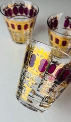 Set of 4 VTG Culver Cranberry Scroll 22kt Gold Flared Rocks Whiskey Glasses-Read