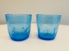 Vintage Blue Crackle Glass Indent Pinched Mid Century Art Glass Tumbler Set of 2