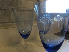Set of 4 Candlewick Goblets Blue with etched florals Stunning Blue Ombré