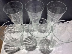 Champagne Sling Stemless Glass Pilsner Optic Etched Flowers Set of 6