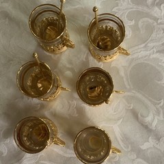 Set of 6 Gold Metal and Glass Tea Glasses with Spoons, Glossy Finish