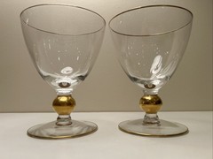 Set of 2 Vintage MCM Crystal Water Goblets Gold Trim and Gold Ball Stem 5 1/8″h