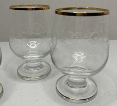 Vintage Clear Glass Etched Floral Goblets Wide Bowl Short Stem Gold Rim Brandy