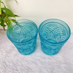 Vintage Aqua Blue Glass Tumbler Set of 2 Belgium Old Barware Collectible GT111
