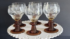 VTG Römer Wine Glasses Amber Ribbed Stem Etched Grape Goblets Set of 6-0.2l EC