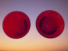 Vintage Pair Ruby Red Clear Stem Bell Shaped 10 oz. Water Wine Goblets