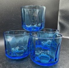 Light Blue Juice Glass Thumbprint 6 Oz Whiskey Lowball Glass 2.5” Tall Set Of 4