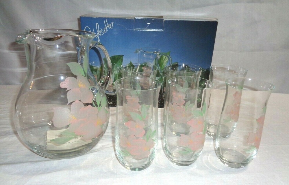 Stylesetter Water Colors Crystal 7 Pc. Set 88 Oz. Pitcher Six 16 Oz.Tumblers NIB