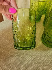 VTG Set 11 Olive Green Pressed Glass Tumblers 4″ Floral Scroll Rocks Juice Glass