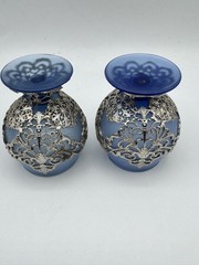 Brandy Pair Blue Satin Finish Silver Tone Filigree Overlay Short Stem 2.75″ Tall