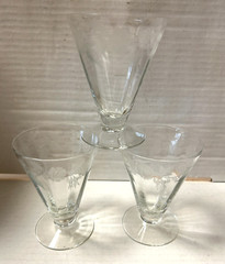 Vintage 3 Crystal Etched Flower Cocktail Glasses, has a Green Manganese Glow