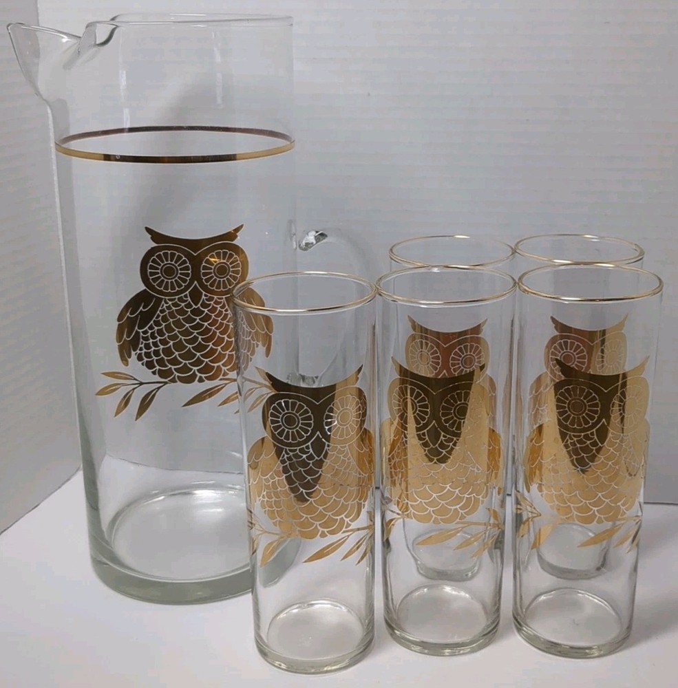 VTG MCM West Virginia Gold Foil Owl On Branch Cocktail Pitcher W/Glasses