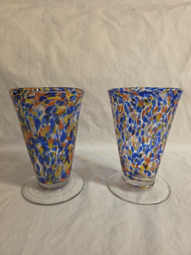 Pair 1 Source Inc Hand Blown Confetti Art Glass Goblets Tumblers Blue Orange…