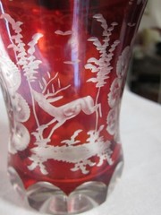 Bohemian Ruby Glass Beaker~Deer & Stag~ Concave Base, Thick Crystal, c.1880