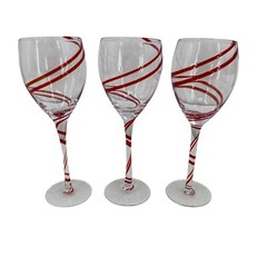 Set of 3 Pier 1 Swirline Ruby Red Swirl Wine Glasses Balloon Stemmed 9 in Tall