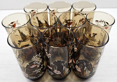 10) Yvette Perrin Dogwood Tumblers Set Vintage Smoke Brown Bird Floral Retro Lot