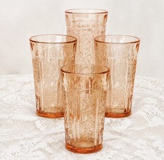 4 Federal SHARON CABBAGE ROSE PINK 5 1/4″ 12 OZ THICK ICED TEA TUMBLERS Glass