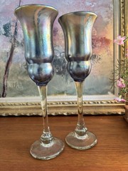 TWO 11″ Brian Brim Hawaii Art Glass Wine Champagne Stemware Handmade 1990s