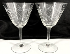 4 Vtg Etch Criss Cross Hatch Dots Leaf Gray Cut Wine Goblets 9oz 6 5/8″ Set RARE