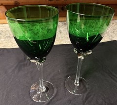 2 PCs MURANO Art Glass Emerald & Clear Ribbed Stem Work Fine Wine Glass VTG