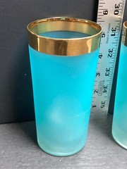 2 Vintage Blue Frosted Glass Gold Rim Drinking Glasses MCM Highball Aqua
