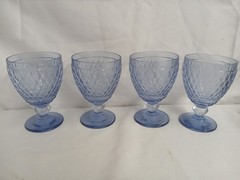 4 Vintage Villeroy & Boch Boston Blue Glass Footed Embossed Water Goblets NEW
