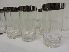 LOT of 8 VINTAGE HIGHBALL DRINKING GLASSES w/ SILVER RIM & ETCHED SIDES