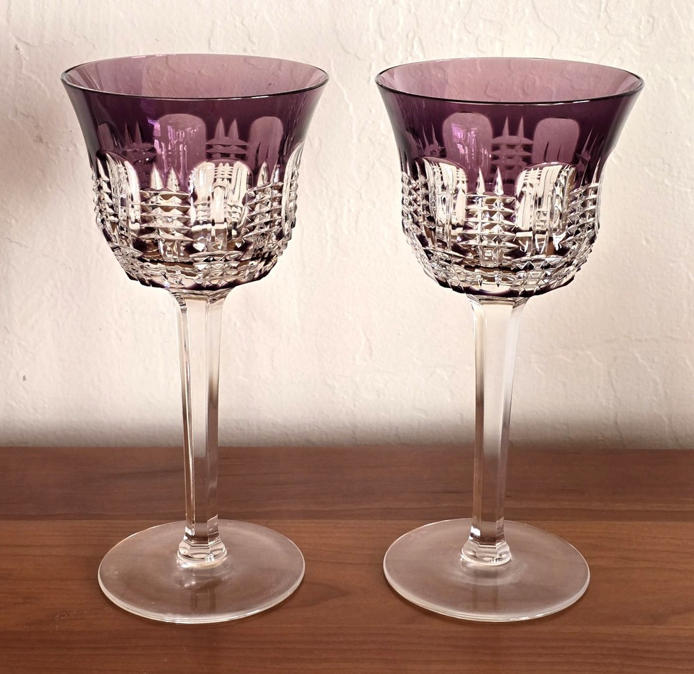 Set of 2 Waterford Crystal Wine Glass Water Goblets Cased Cut Simply Lilac Purpl