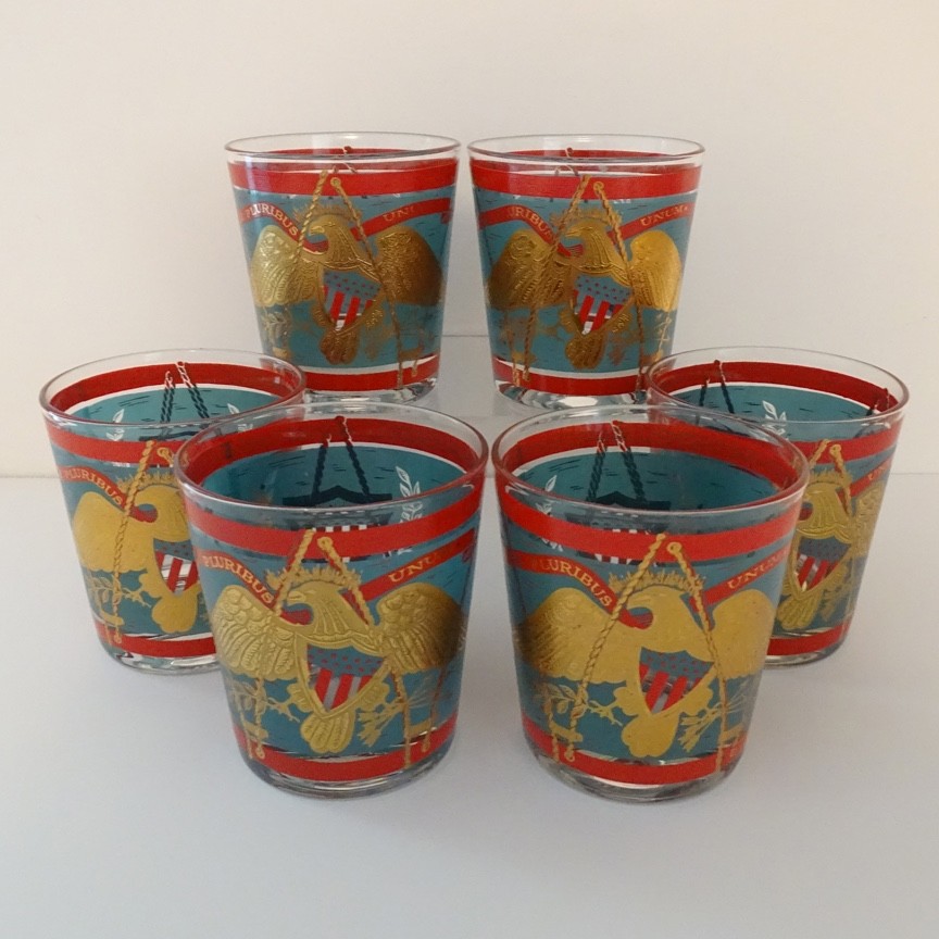 Set of 6 Cera E Pluribus Unum Scotch Whiskey Glasses Barware Patriotic Eagle MCM