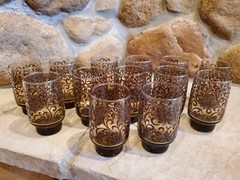 Vintage Amber Etched Floral Art Glass Drinking Glass 4.75”H – large set of 13