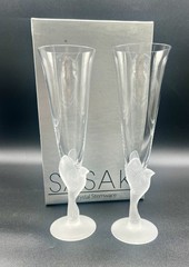 Vintage SASAKI Wings Frosted Dove Bird Crystal Champagne Fluted Glass 9.25″ Pair