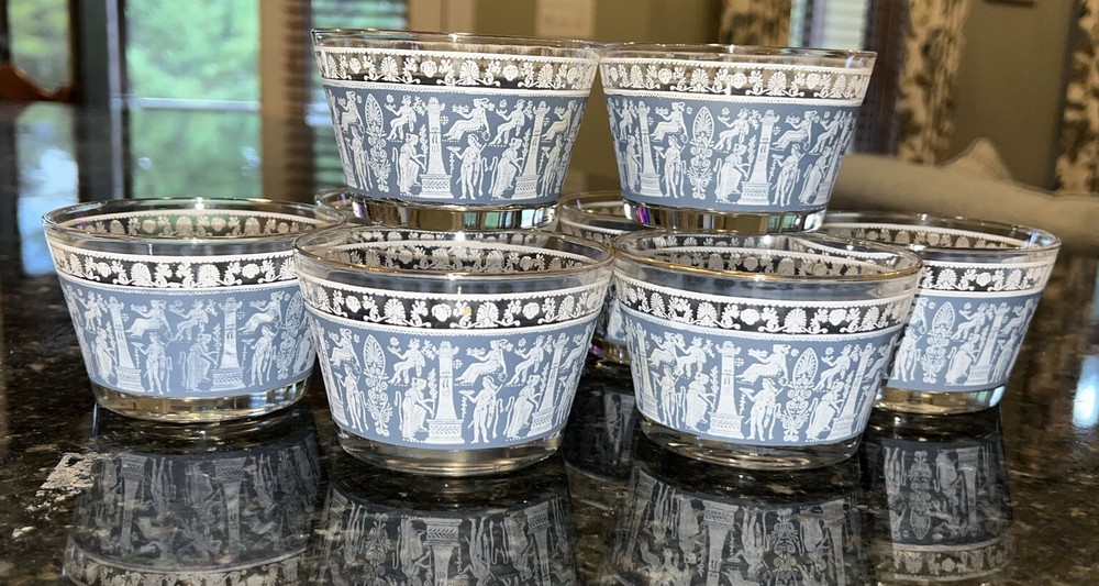 Vtg Set 8 JEANNETTE GLASS Corinthian Blue Greek Roman Whisky Tumbler Wedgewood