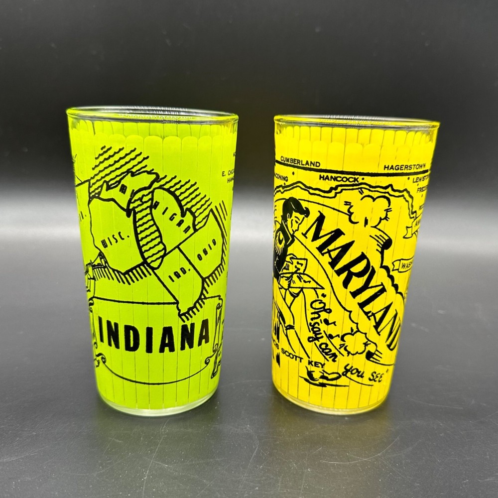 Vintage Tumblers State Map Souvenirs Indiana Maryland Hazel Atlas USA 1950s MCM