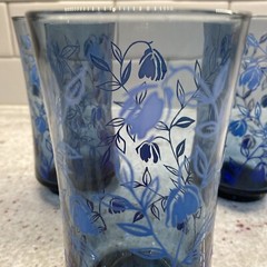 Libbey Blue Bolero Water Glasses Applied Blue Fuchsia Flowers Set of Three