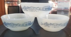 Vintage Glasbake – Currier & Ives Train Design, 5″ Bowl Milk Glass SET OF 3