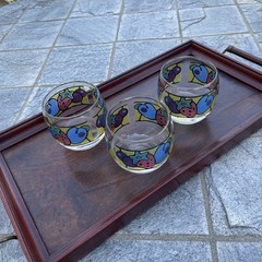 3 Vtg 70s Roly Poly Stained Glass Cocktail Glasses Berries Mid-Century Libbey 3″