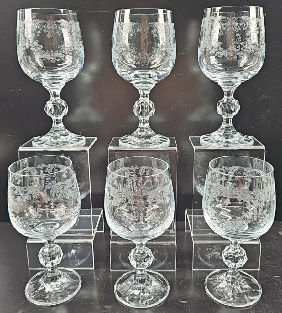 6) Import Assoc Cascade Wine Glass Set Vintage Clear Etch Stemware Retro Bar Lot