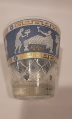 Vintage Cera Set of 2 Glass Etruscan Frieze Tumblers Blue White Gold
