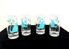 1960s Glass SWAN CATTAIL AQUA BLUE Clear Glasses Tumblers- Set of 4 – 5.25″H MCM