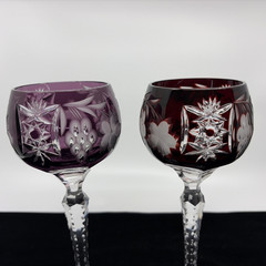 2 Ajka Marsala Tall Hock Wine Glasses Cut to Clear Ruby Red Amethyst 8″ Vintage